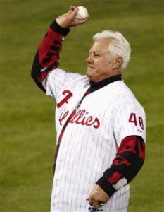 File photo of former Phillies manager Green throwing out the ceremonial first pitch before Game 5 of the Major League Baseball  NLCS playoff series in Philadelphia